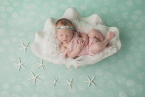 A newborn baby girl is posed in a seashell during a beach inspired session.