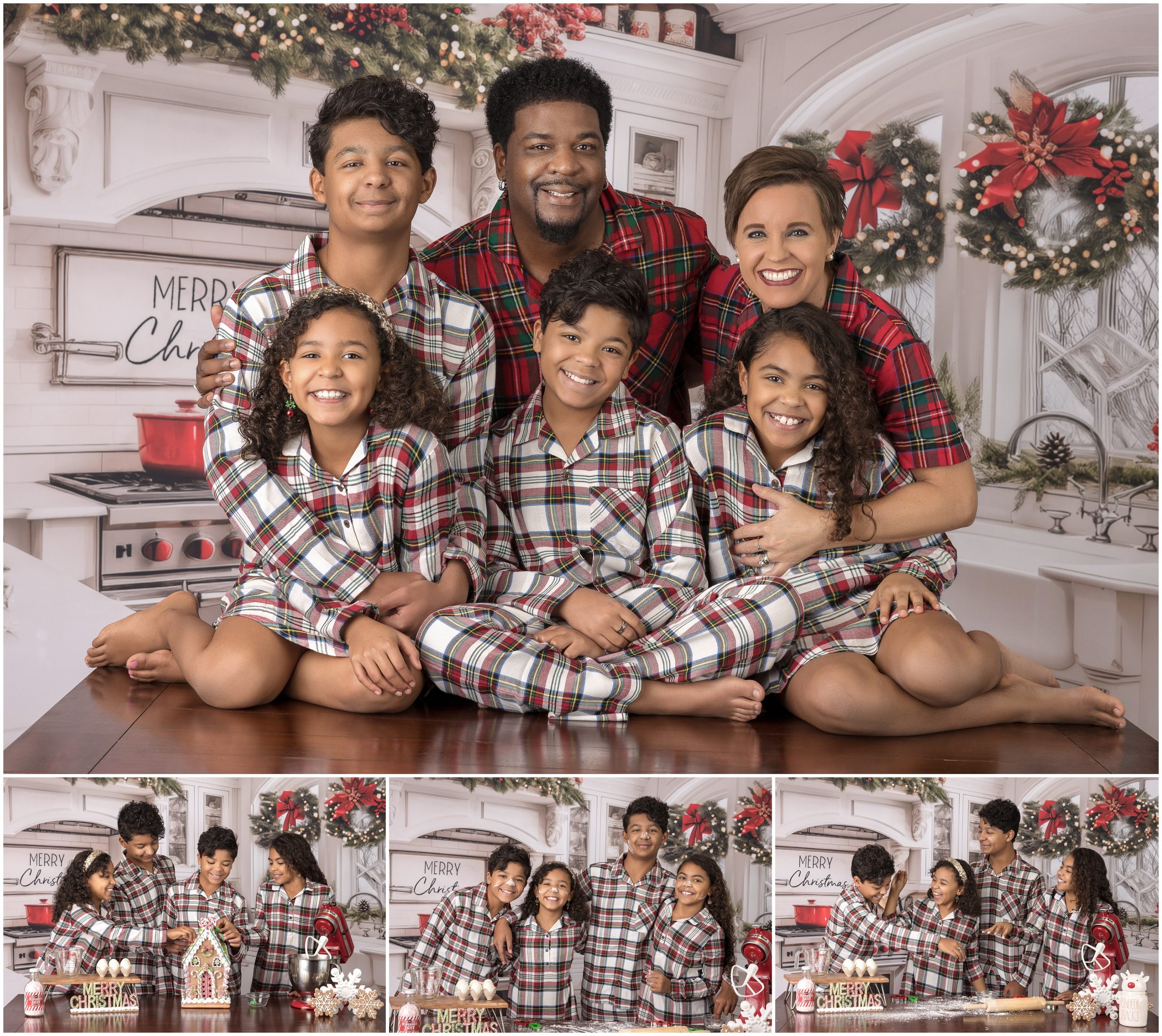 Collage of photos of a family in pajamas posing for our Christmas Mini Sessions
